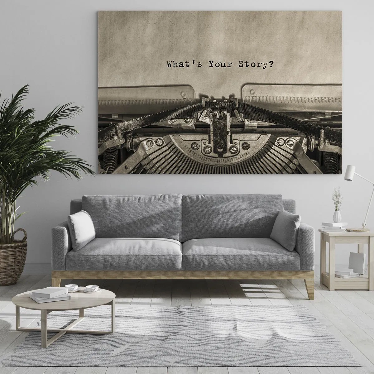 Üveg kép - Közeli kép egy írógépről, rajta a „Mi a történeted?” szöveggel - 70x50cm - Meséld el - Modern fali dekoráció nappalihoz és hálószobához ARTTOR