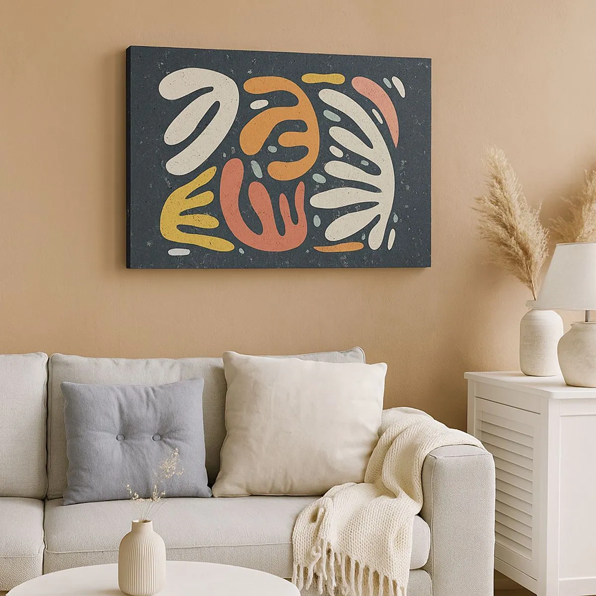 Vászonkép - Absztrakt formák meleg színekkel sötét háttér előtt - 70x50cm - Kompozíció - mindjárt elkaplak - Modern fali dekoráció nappalihoz és hálószobához ARTTOR