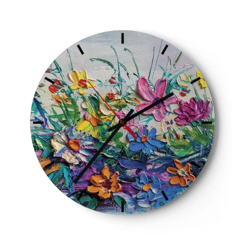 Falióra, Óra - Színes virágos tájkép impasto technikával - 30x30cm - Egyáltalán nem csendélet - Modern fali dekoráció nappalihoz, konyhához és hálószobához ARTTOR