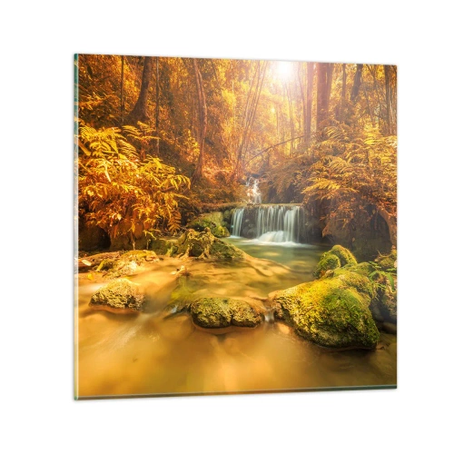 Üveg kép - Erdei vízesés aranyban - 70x70 cm