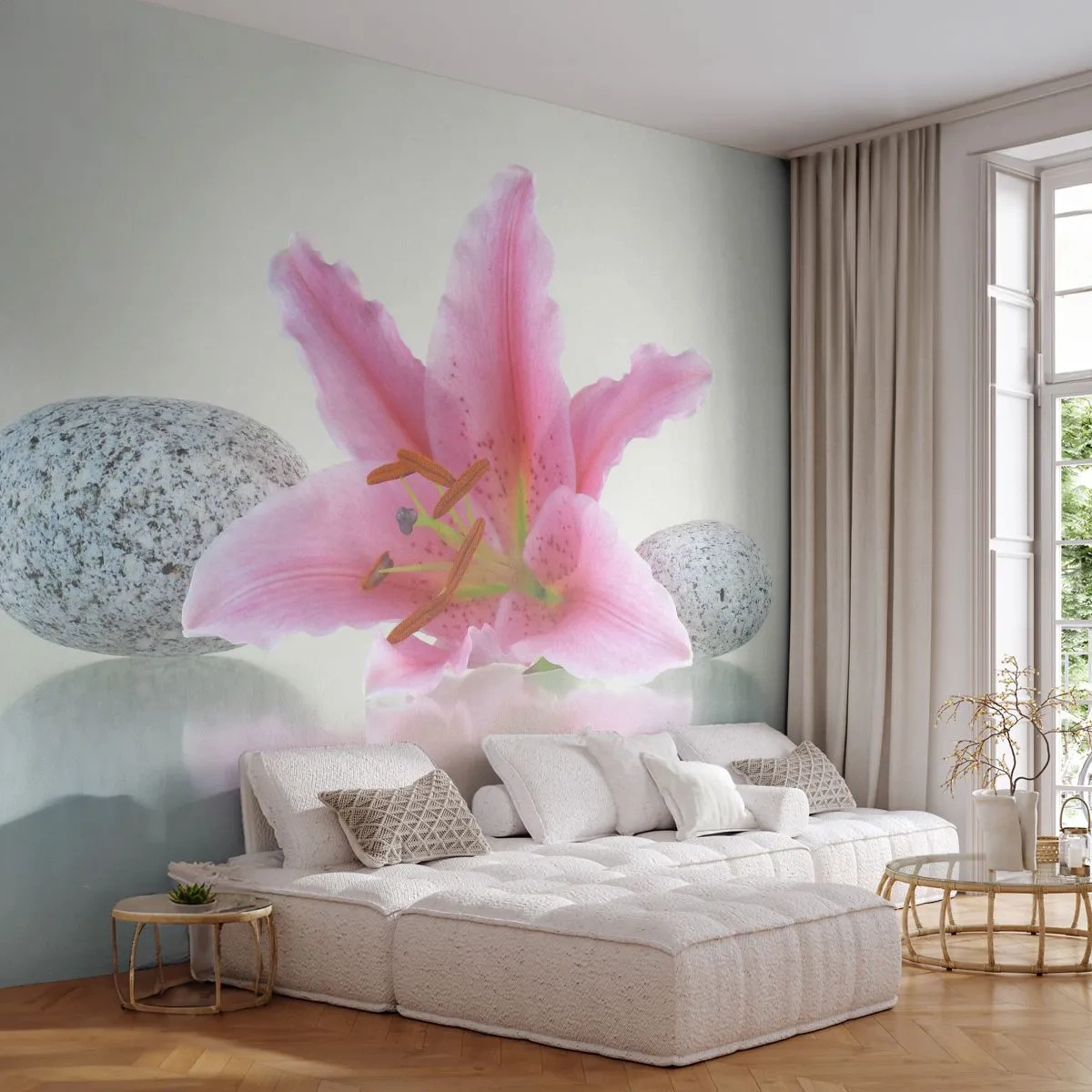 Fotótapéta Premium Sand - Egy tanulmány rózsaszín, szürke és fehér színben - Virágok, Liliom, Kövek - 100x70 cm