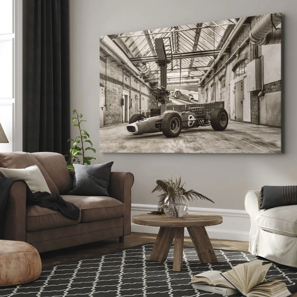 Vászonkép - Fekete-fehér versenyautó ipari belső térben - 70x50cm - A győztes pihenője - Modern fali dekoráció nappalihoz és hálószobához ARTTOR