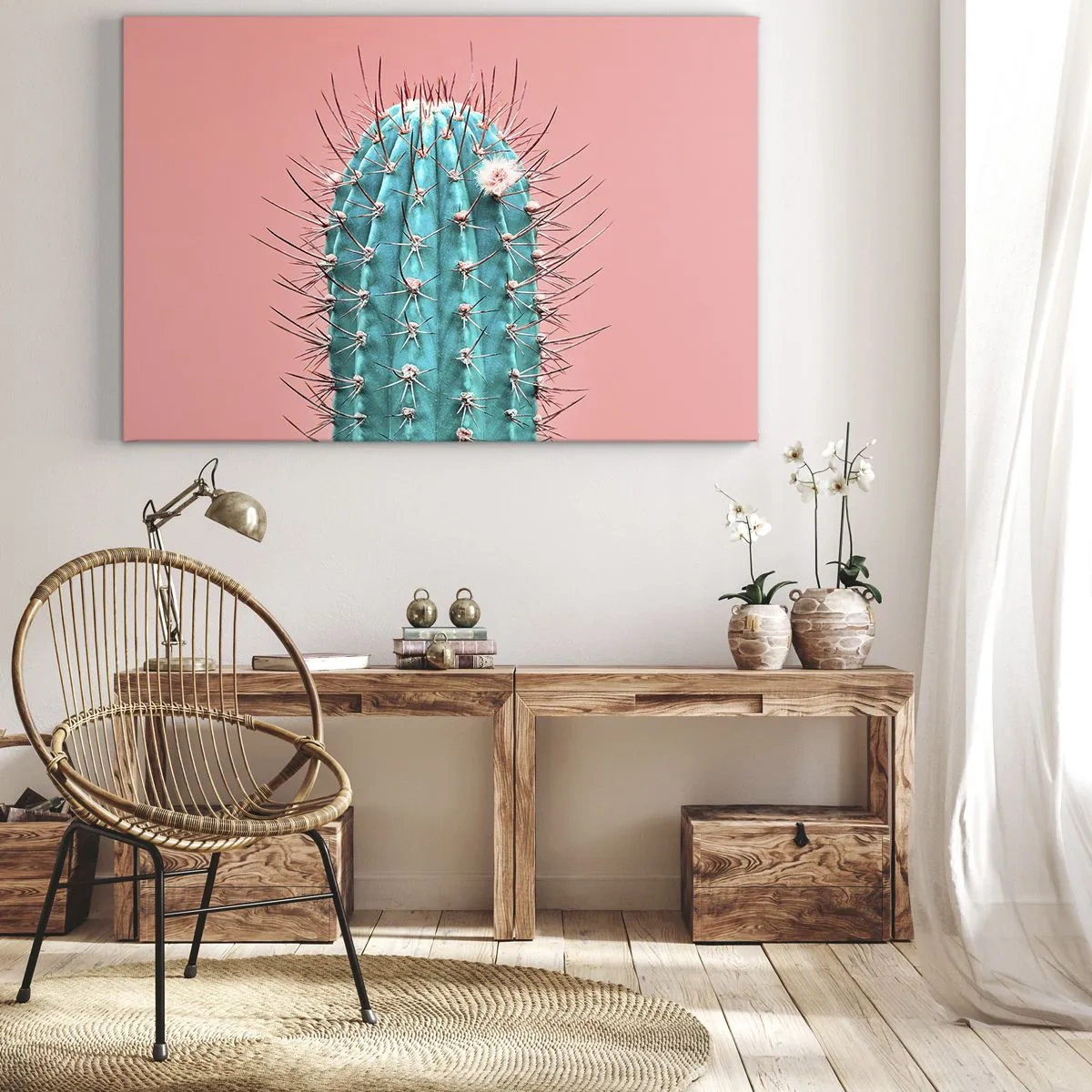 Vászonkép - Egy művészi megközelítése egy kaktusznak rózsaszín háttér előtt - 70x50cm - Csak nézz - Modern fali dekoráció nappalihoz és hálószobához ARTTOR