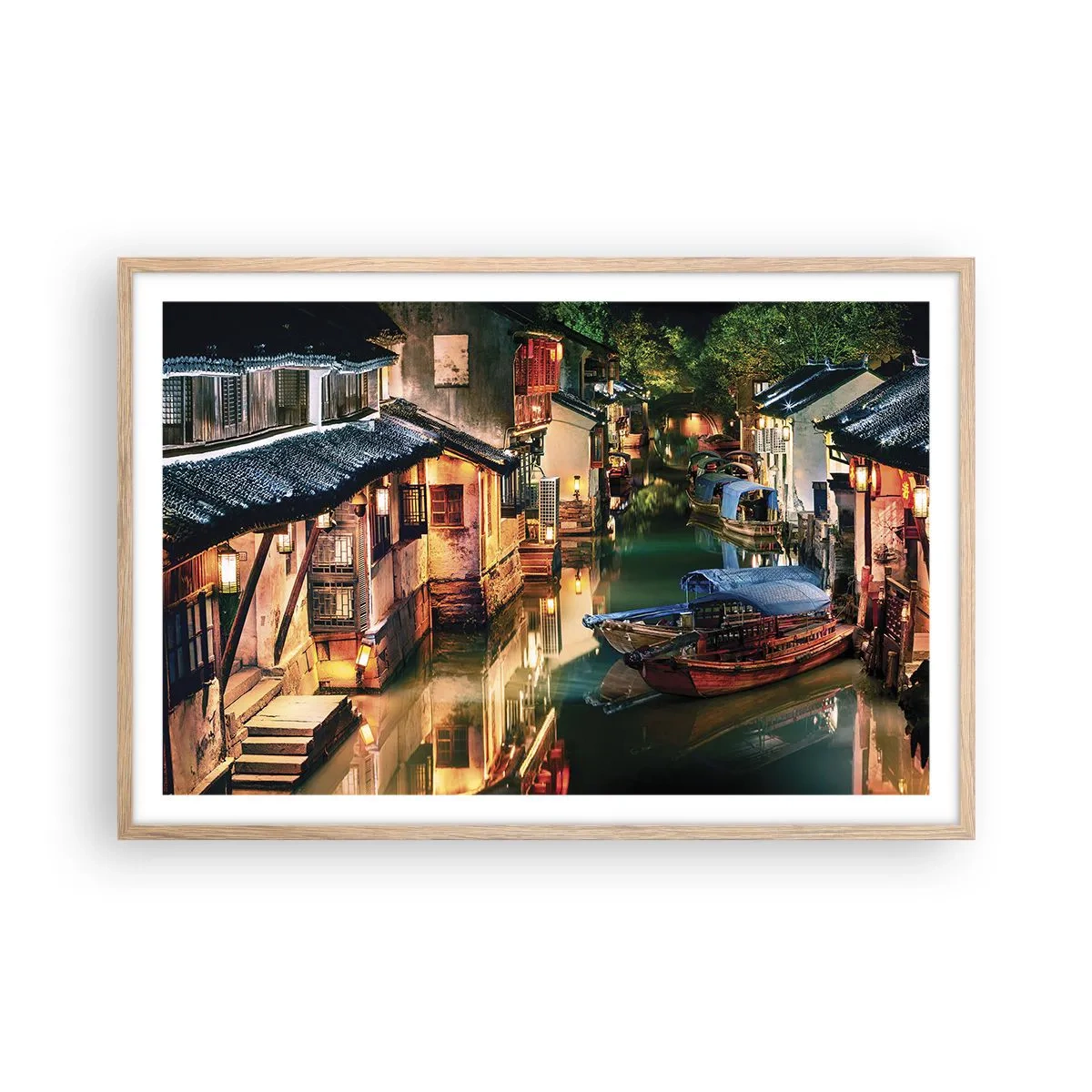 Poszter világos tölgy keretben - Este egy kínai utcán - 91x61 cm