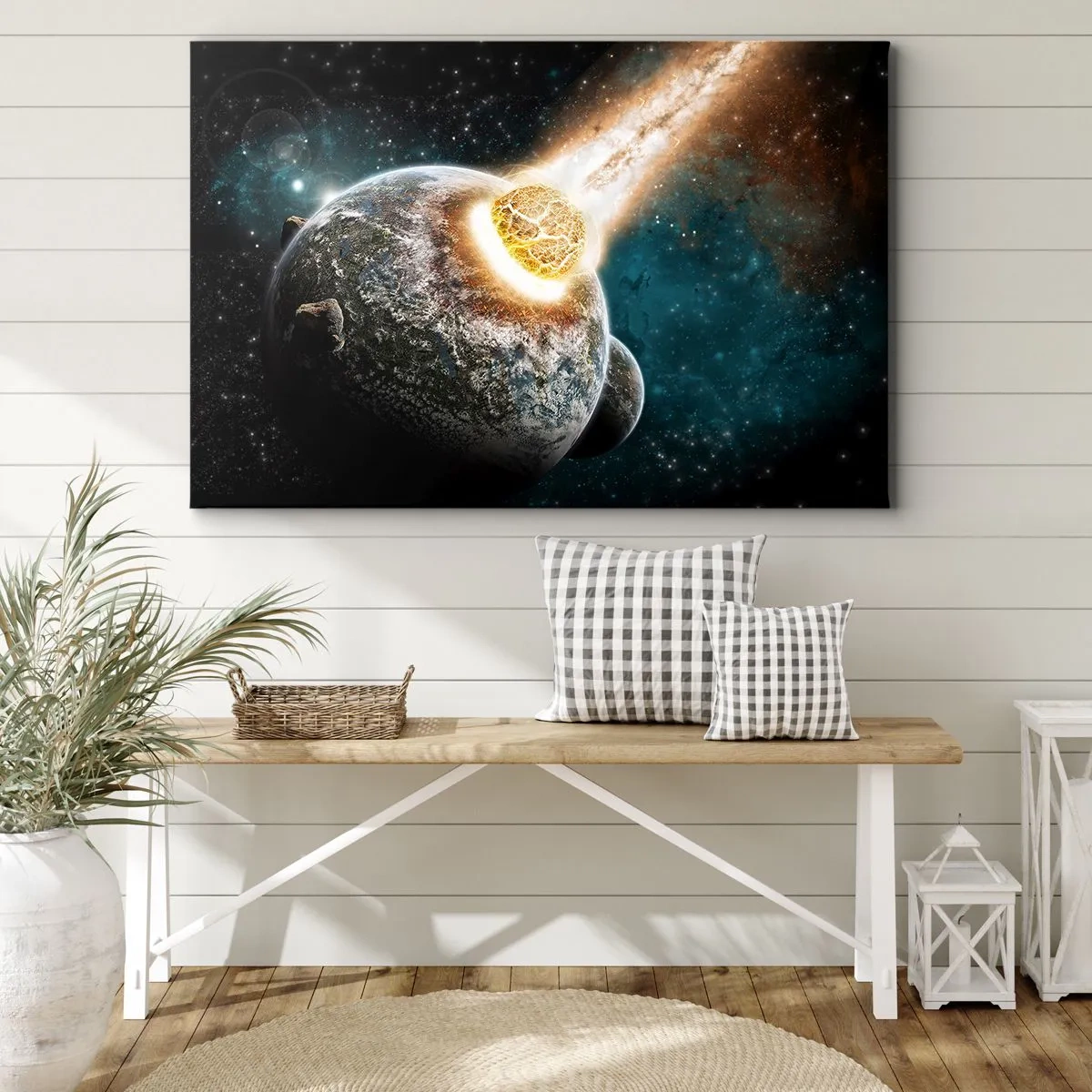 Vászonkép - Egy bolygó kozmikus ütközése egy aszteroidával a galaxis közelében. - 70x50cm - Halál, vagy élet? - Modern fali dekoráció nappalihoz és hálószobához ARTTOR