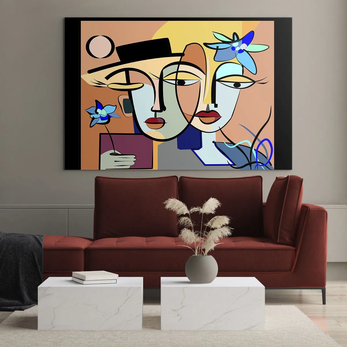 Üveg kép - Színes kubista stílusú arcok virágokkal - 70x50cm - Picasso randez vous - Modern fali dekoráció nappalihoz és hálószobához ARTTOR