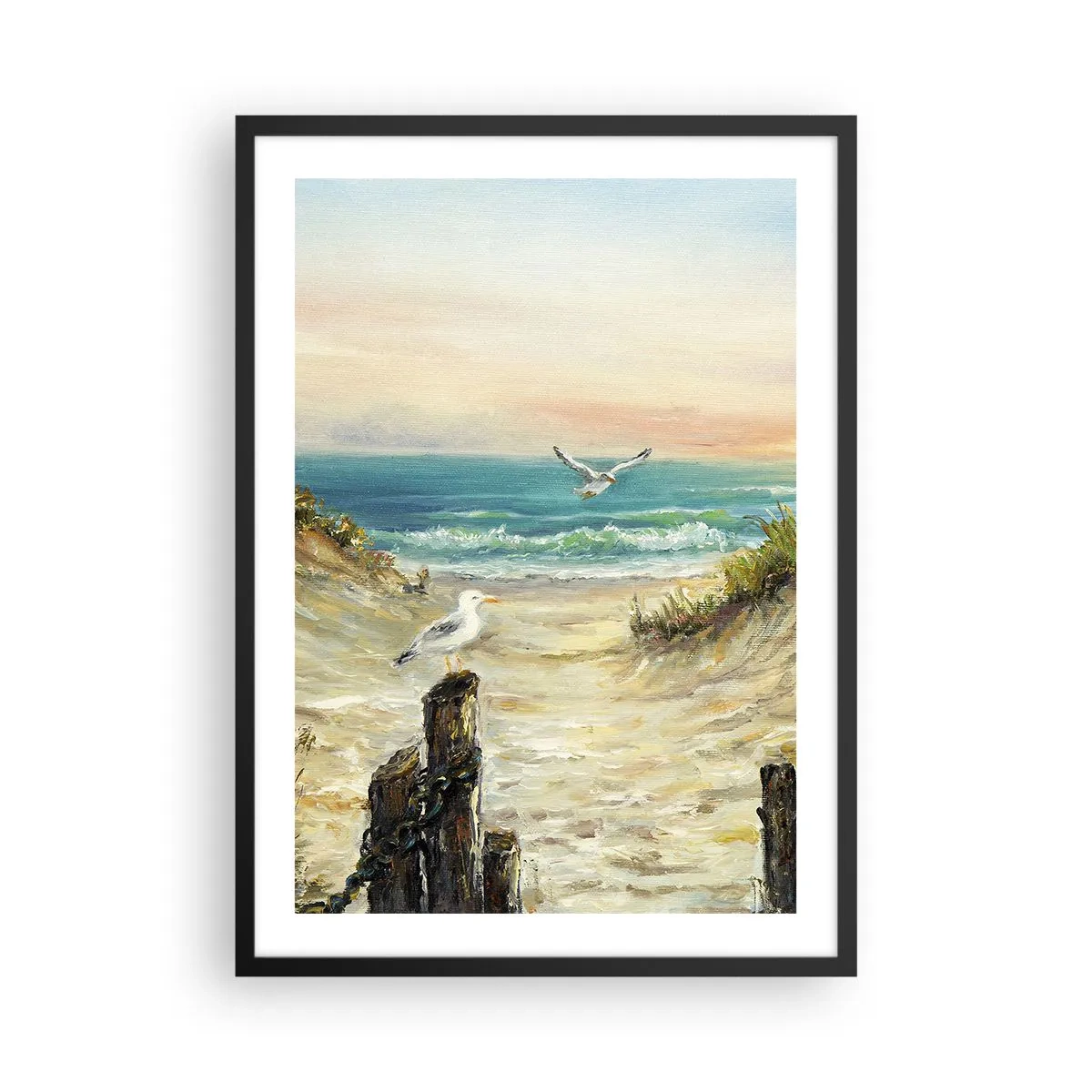 Poszter fehér keretben - Strand sirályokkal és hullámokkal naplementekor - 50x70cm - Szélcsend - Modern fali dekoráció nappalihoz és hálószobához ARTTOR