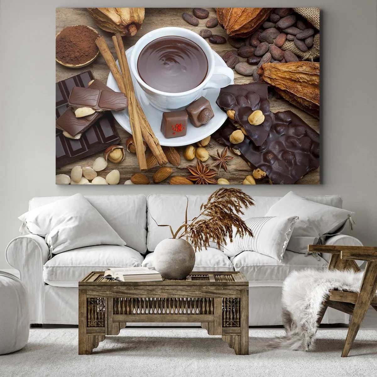 Vászonkép - Egy csésze forró csokoládé desszert hozzávalókkal körülvéve - 70x50cm - Egy mesebeli csokoládégyárból - Modern fali dekoráció nappalihoz és hálószobához ARTTOR