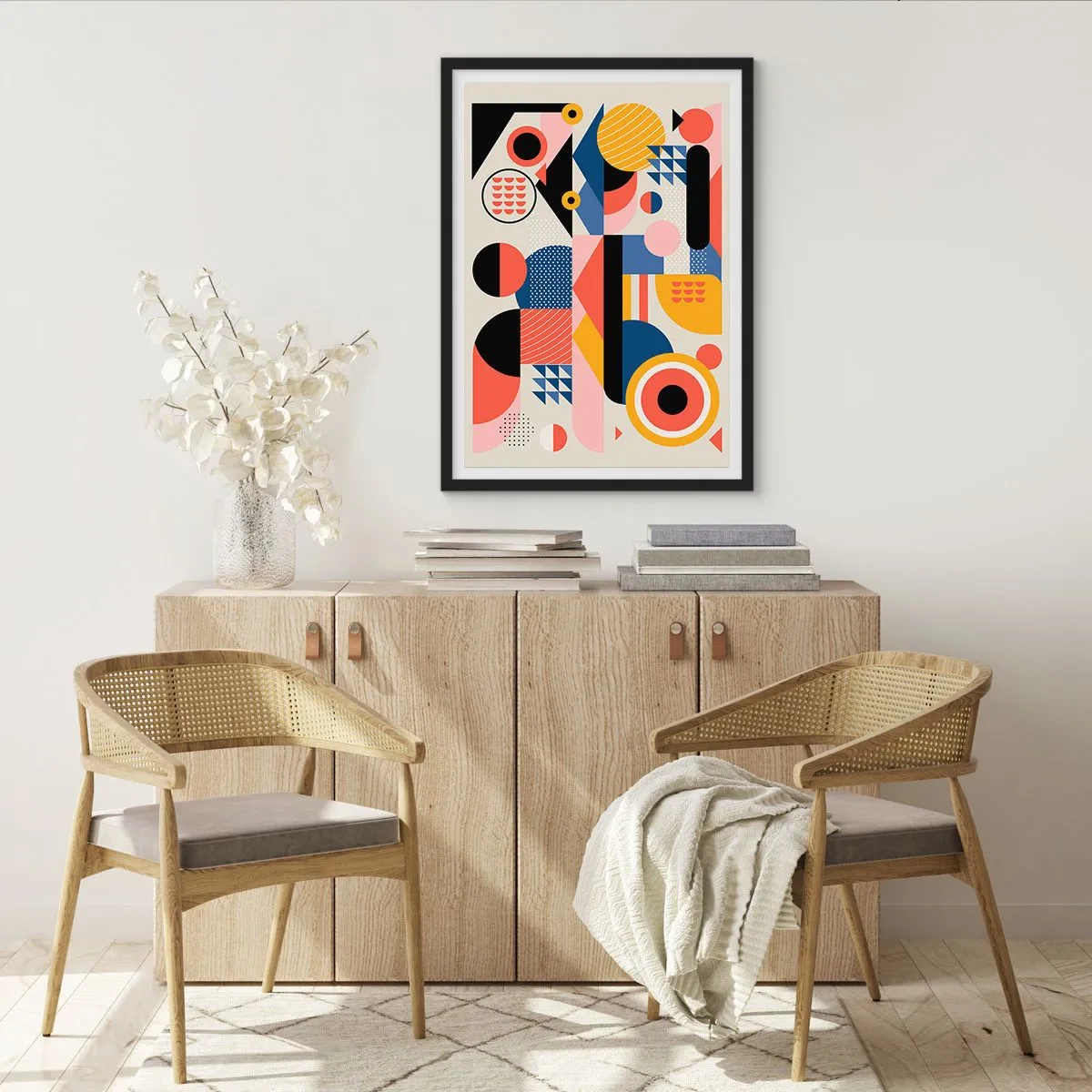 Poszter fehér keretben - Színes geometrikus absztrakció dinamikus formákkal - 50x70cm - Összetétel: játszadozzunk - Modern fali dekoráció nappalihoz és hálószobához ARTTOR