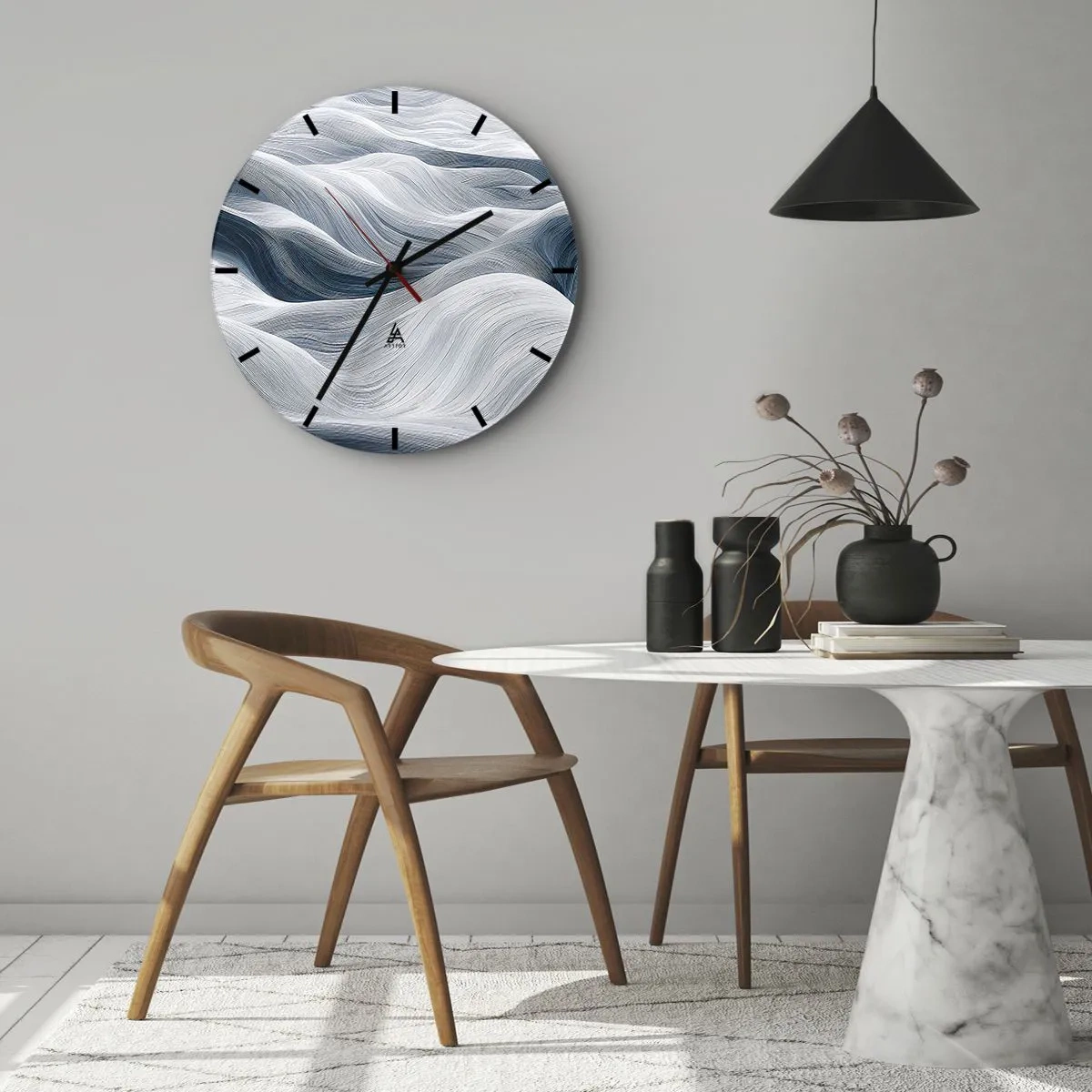 Falióra, Óra - Grafikus, hullámos vonalak fehér és kék árnyalatokban - 30x30cm - Fehéres kék hullámok - Modern fali dekoráció nappalihoz, konyhához és hálószobához ARTTOR