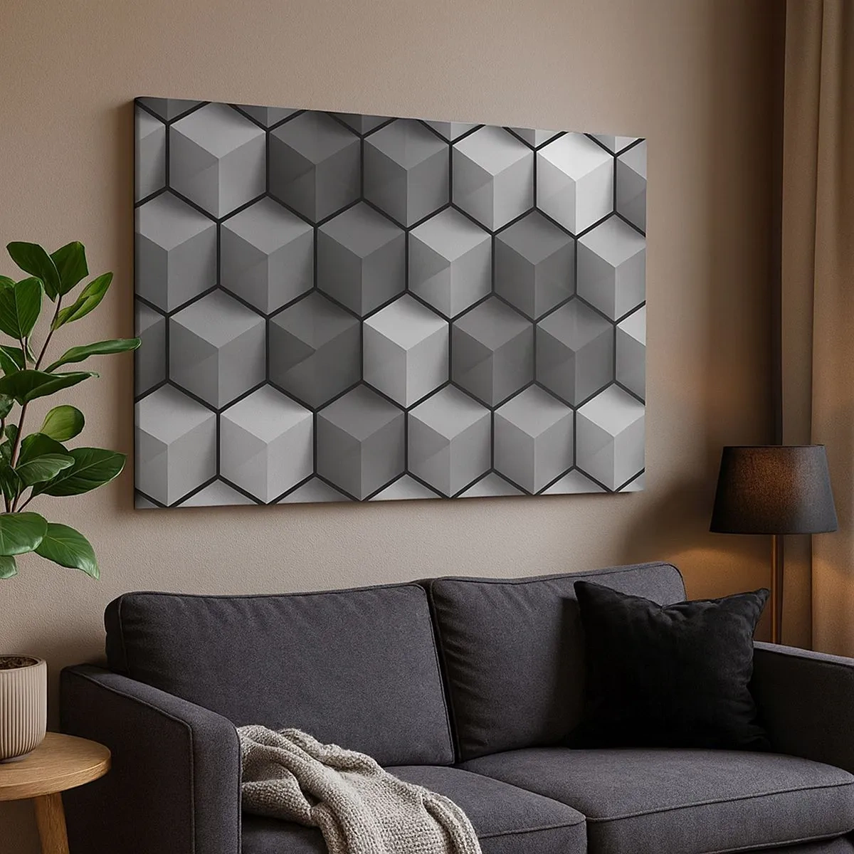 Vászonkép - Szürke és fekete árnyalatú kockák geometriai kompozíciója - 70x50cm - Kubista kirakós - Modern fali dekoráció nappalihoz és hálószobához ARTTOR