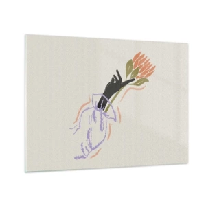 Üveg kép - Egy stilizált kéz, pasztell vonalakkal rajzolt virágcsokorral. - 70x50cm - Egy testvéri érintés - Modern fali dekoráció nappalihoz és hálószobához ARTTOR