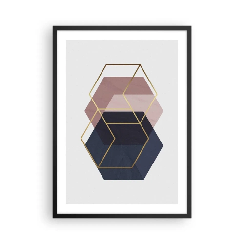 Poszter fehér keretben - Arany geometriai alakzatok sötétkék és rózsaszín árnyalatú háttéren - 50x70cm - Az egyszerűség ereje - Modern fali dekoráció nappalihoz és hálószobához ARTTOR