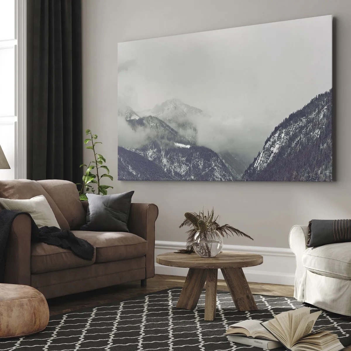 Vászonkép - Egy hegyi völgy, szürke árnyalatú ködbe burkolózik - 70x50cm - Ködös völgy - Modern fali dekoráció nappalihoz és hálószobához ARTTOR