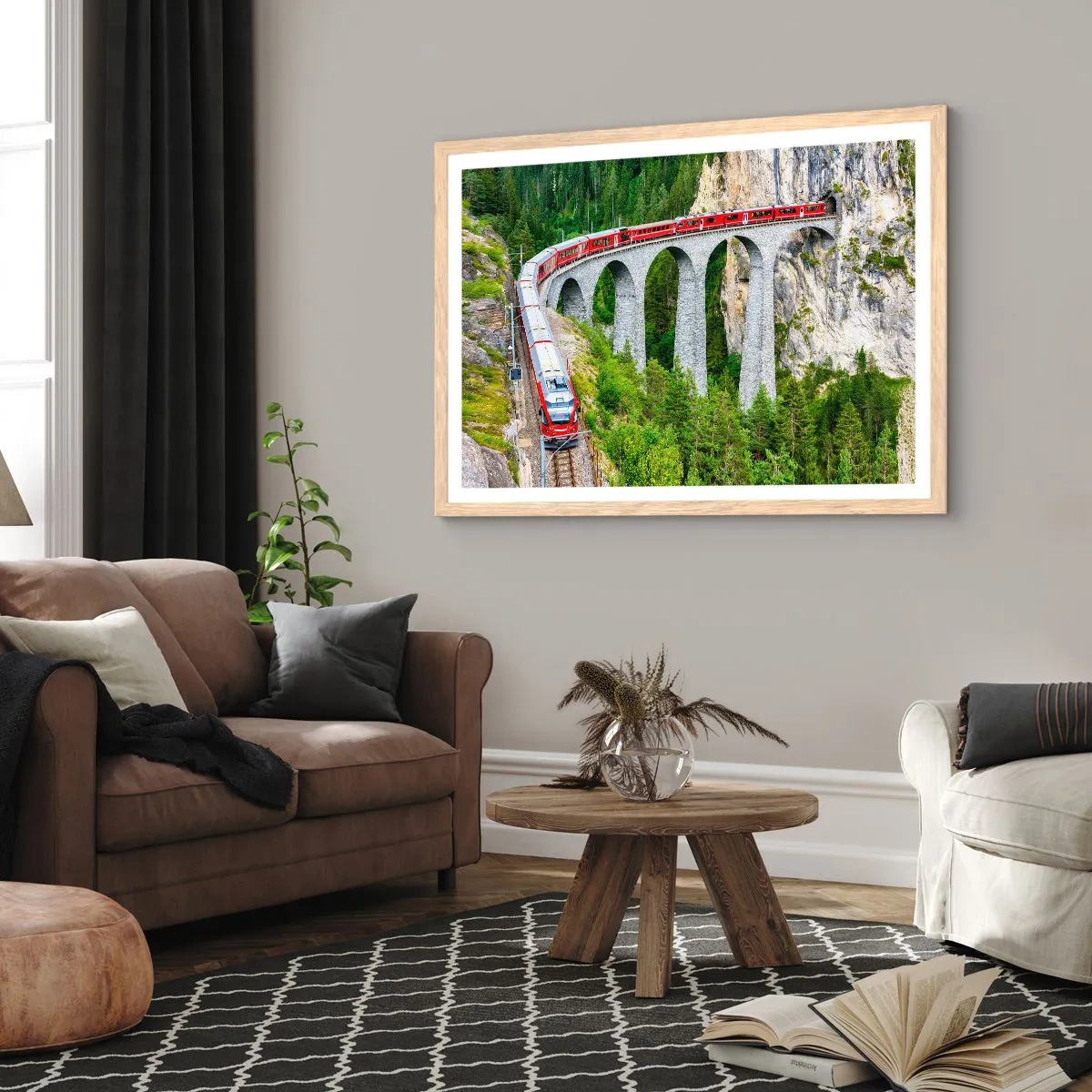 Poszter világos tölgy keretben - Vasút hegyi kilátással - 40x30 cm