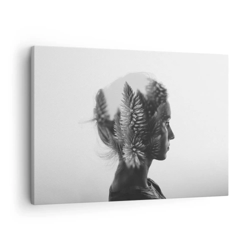 Vászonkép - Finom portré természeti elemekkel - 70x50cm - A fenyőerdő hölgye - Modern fali dekoráció nappalihoz és hálószobához ARTTOR