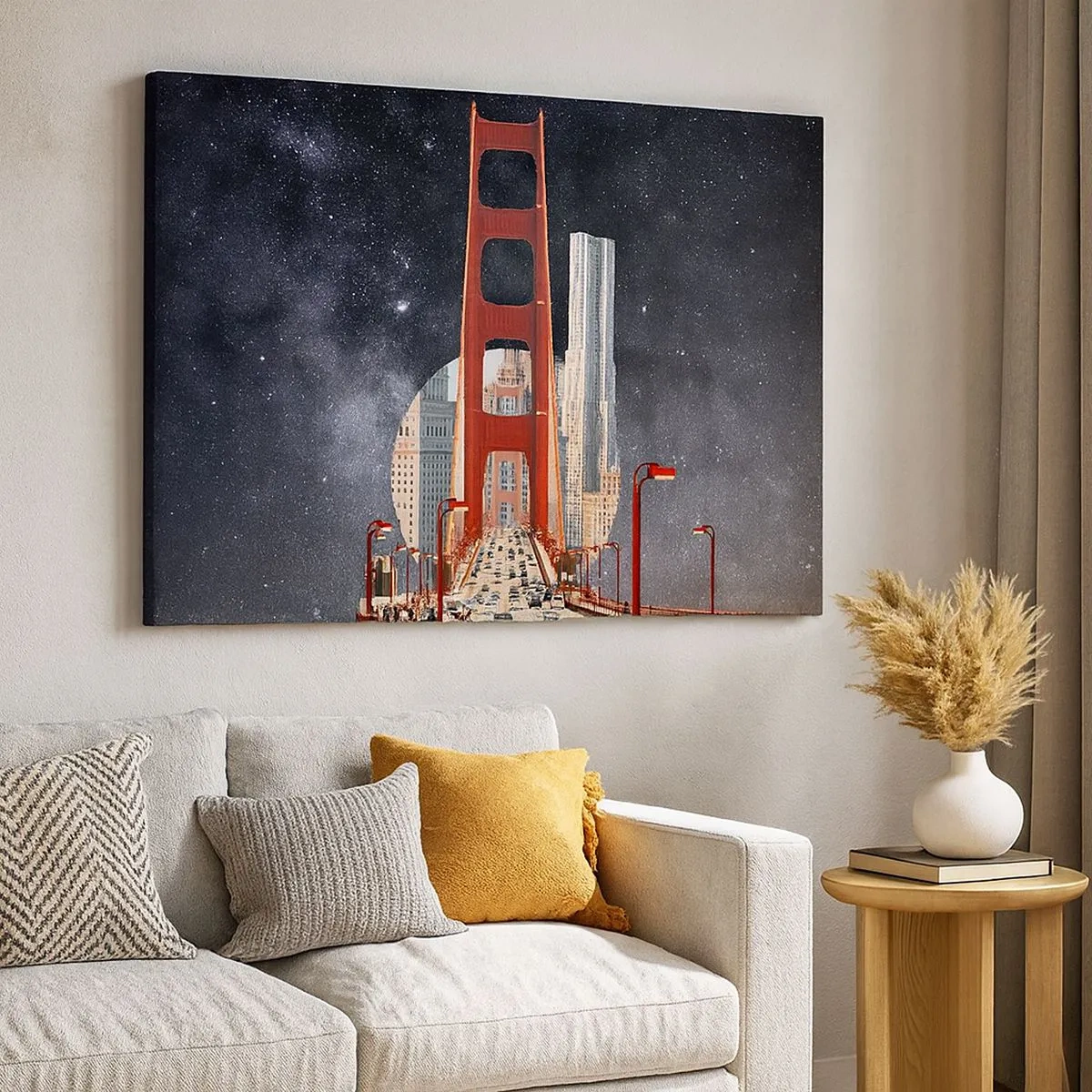 Vászonkép - A Golden Gate híd, a várossal a háttérben, csillagos égbolt előtt - 70x50cm - Mindig a középpontban - Modern fali dekoráció nappalihoz és hálószobához ARTTOR