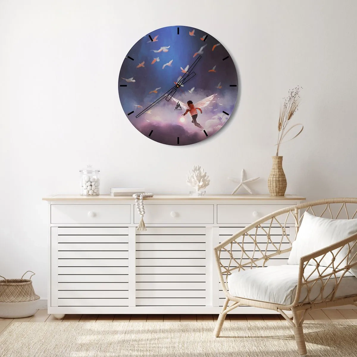 Falióra, Óra - Egy angyalszárnyú alak madarak között az égen - 30x30cm - Képzeletre és bátorságra van szüksége - Modern fali dekoráció nappalihoz, konyhához és hálószobához ARTTOR
