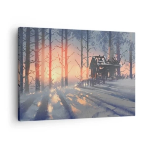 Vászonkép - Egy erdei házikó téli tájban, a lenyugvó nap sugaraival. - 70x50cm - Ide csak a nap néz be - Modern fali dekoráció nappalihoz és hálószobához ARTTOR