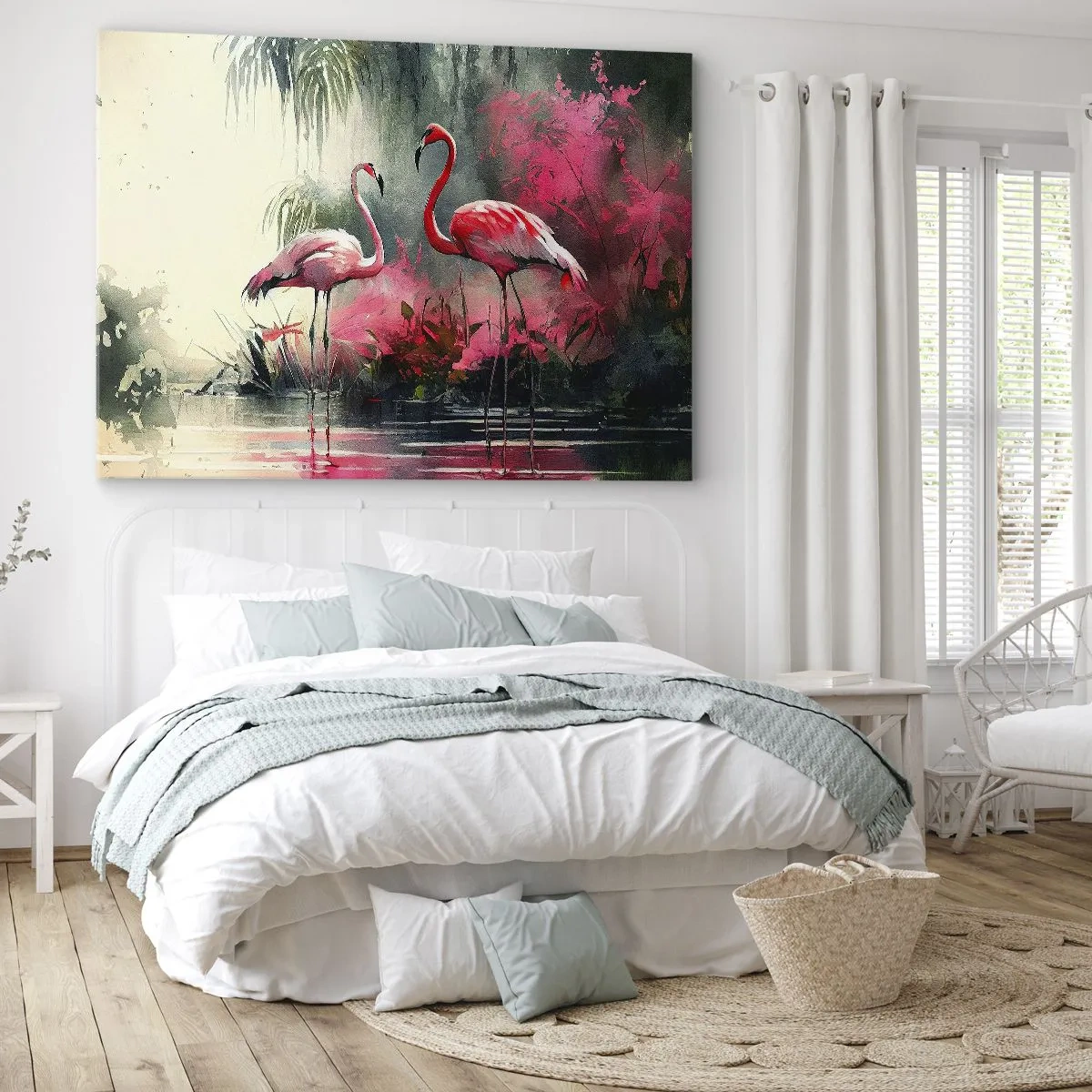 Vászonkép - Flamingók a vízparton, növényzettel körülvéve - 70x50cm - Egy lecke a természetes bájról - Modern fali dekoráció nappalihoz és hálószobához ARTTOR