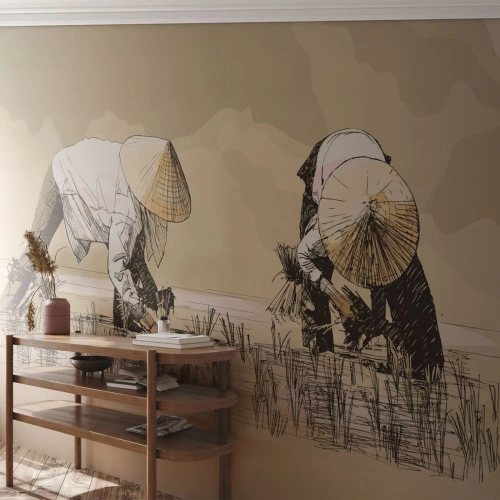 Öntapadós Fotótapéta Deluxe Sticker - Sikeres betakarítást - Ázsia, Rizsültetvény, Rizsföld - 200x140 cm