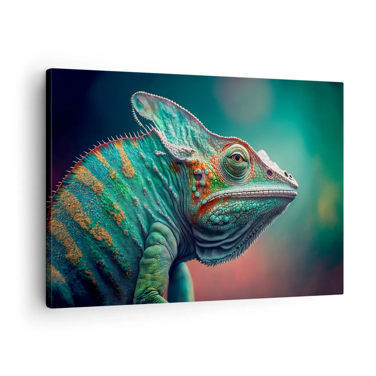 Vászonkép - Közeli kép egy kaméleonról intenzív színekben - 70x50cm - Látsz engem? Nem jó... - Modern fali dekoráció nappalihoz és hálószobához ARTTOR