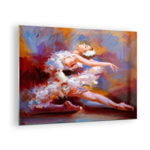 Üveg kép - Egy balerina dinamikus pózban, absztrakt színek hátterében. - 70x50cm - A hattyú eleganciája - Modern fali dekoráció nappalihoz és hálószobához ARTTOR