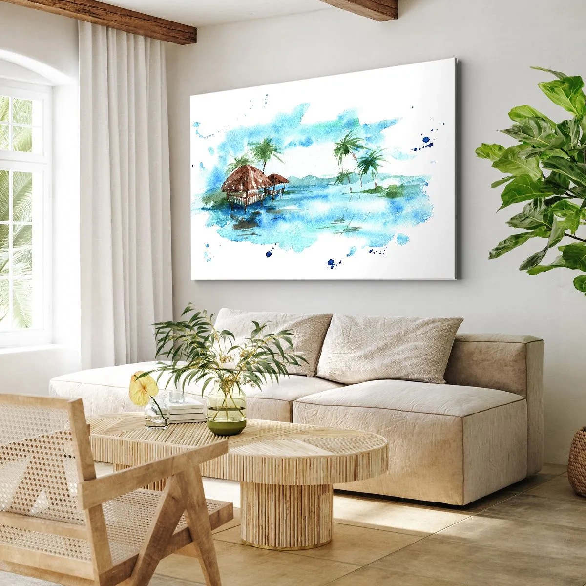 Vászonkép - Akvarell festmény egy trópusi tájról házakkal és pálmafákkal - 70x50cm - Valahol a Csendes-óceánon - Modern fali dekoráció nappalihoz és hálószobához ARTTOR