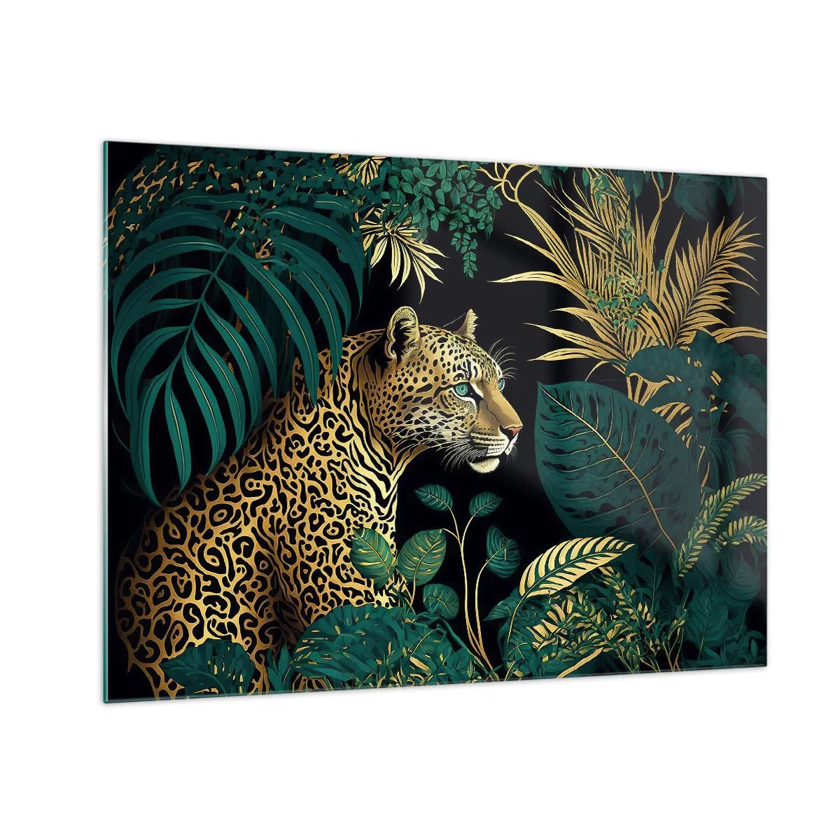 Üveg kép - Egy leopárd trópusi levelek között sötét háttér előtt - 70x50cm - A házigazda a dzsungelben - Modern fali dekoráció nappalihoz és hálószobához ARTTOR
