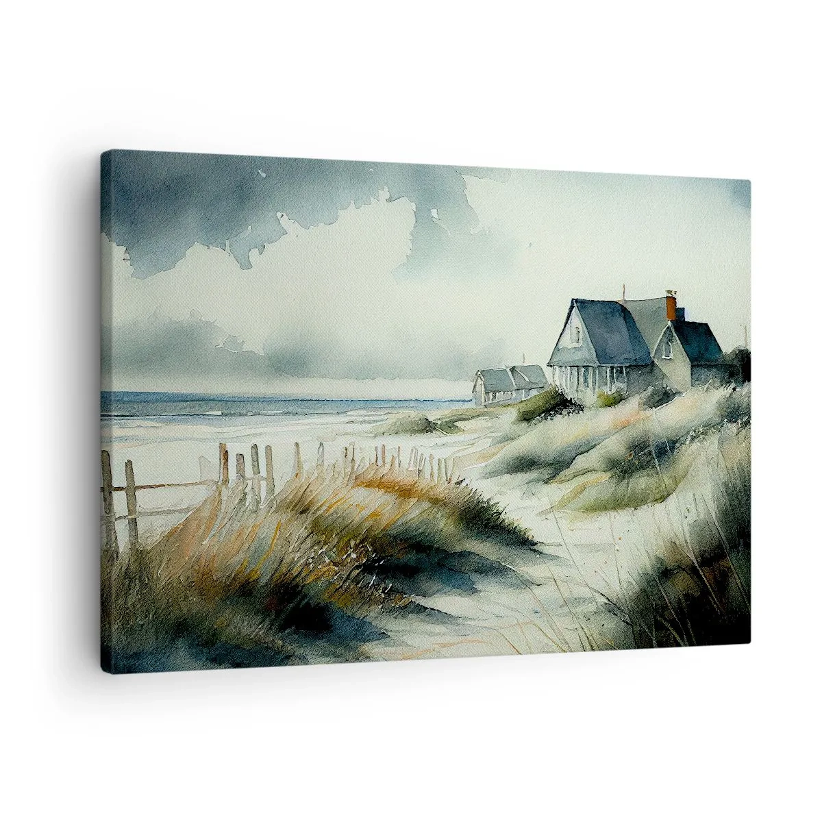 Vászonkép - Egy tengerparti ház, fűvel körülvéve, tengerre néző kilátással - 70x50cm - Távol a nyüzsgéstől - Modern fali dekoráció nappalihoz és hálószobához ARTTOR