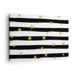 Vászonkép - Fekete-fehér csíkok arany csillagokkal - 70x50cm - Mindannyian szerencsés csillag alatt születtünk - Modern fali dekoráció nappalihoz és hálószobához ARTTOR