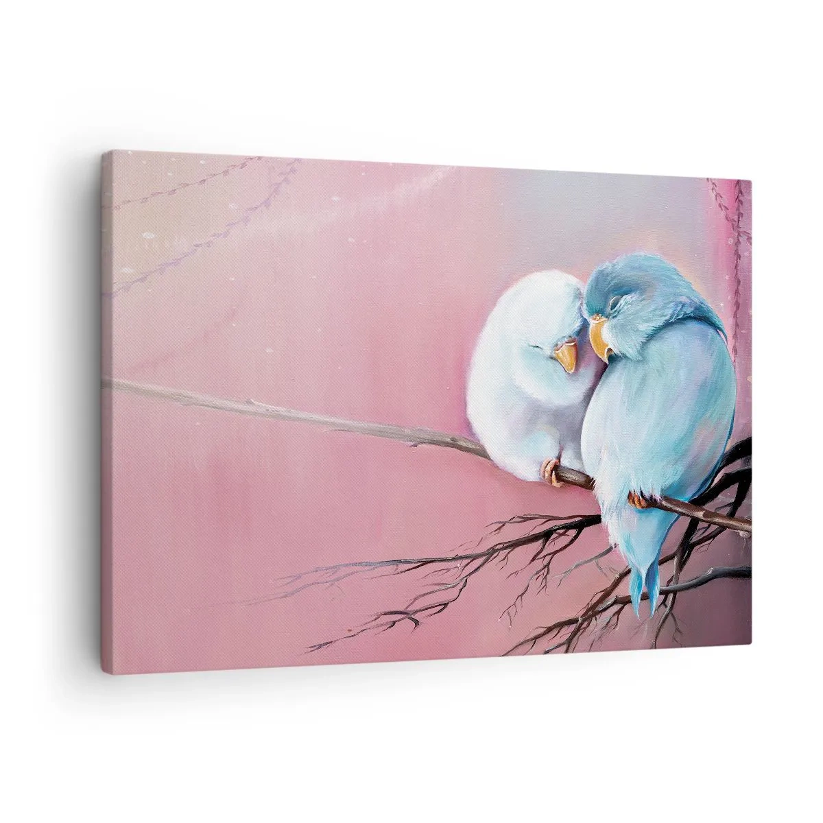 Vászonkép - Két szerelmes madár egy ágon, rózsaszín háttér előtt - 70x50cm - Mit tehetnénk hozzá?... - Modern fali dekoráció nappalihoz és hálószobához ARTTOR
