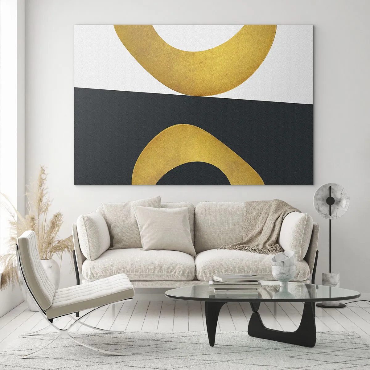 Üveg kép - Arany geometriai alakzatok fehér és fekete alapon - 70x50cm - Először is: arany - Modern fali dekoráció nappalihoz és hálószobához ARTTOR