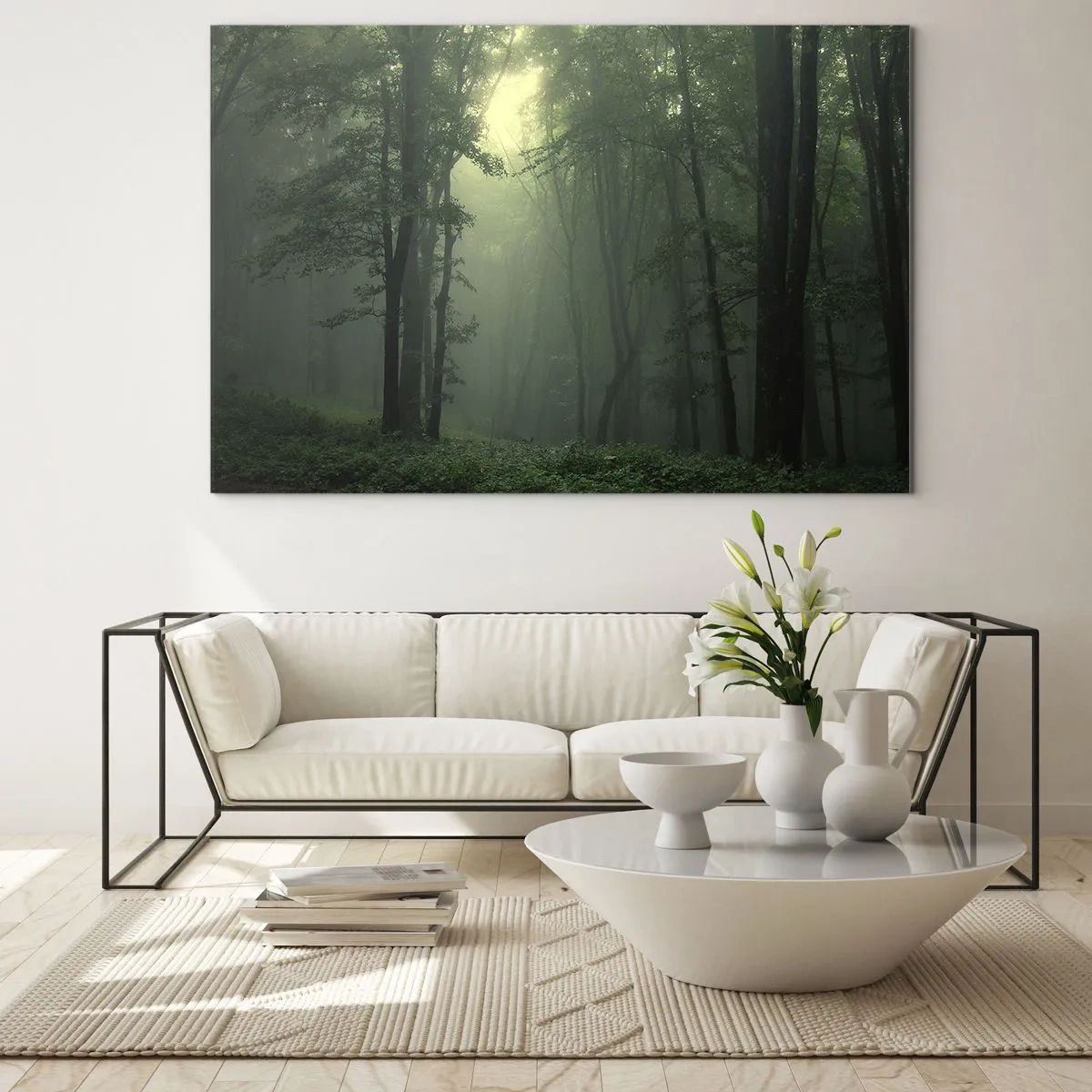 Üveg kép - Egy sötét erdő, fénysugarakkal borított ködbe burkolózva - 70x50cm - Mielőtt felébred - Modern fali dekoráció nappalihoz és hálószobához ARTTOR