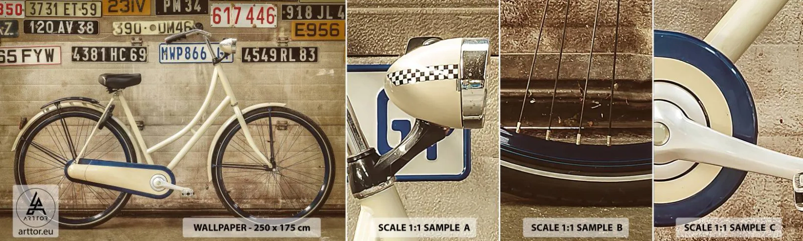 Fotótapéta Minta Öntapadós Deluxe Sticker - Komplexusok nélkül - Falfestmény, Kerékpár, Tányérok - 100x30 cm