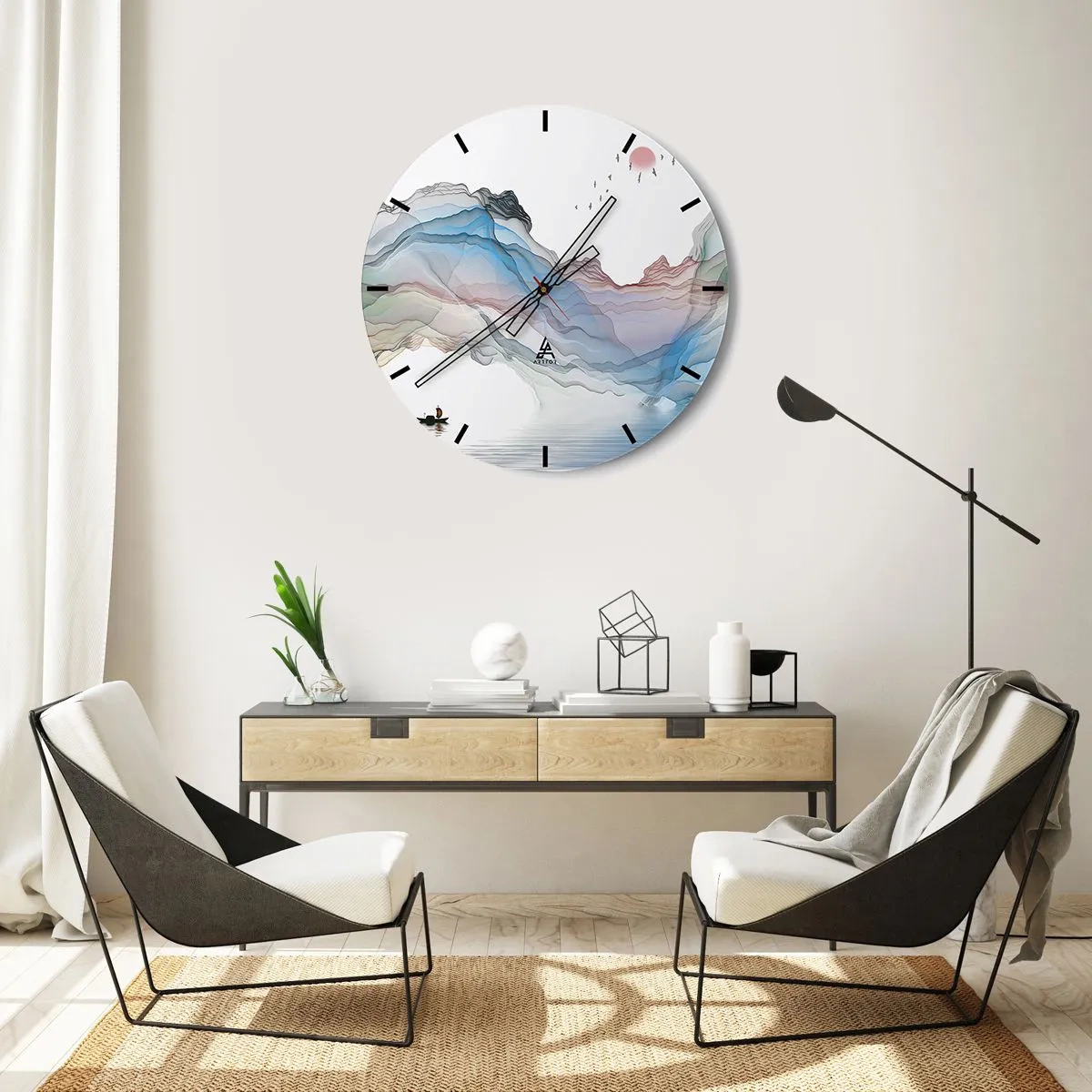 Falióra, Óra - Színes, éteri hegyek egy csónakkal a víz felszínén - 30x30cm - A kristály hegyek felé - Modern fali dekoráció nappalihoz, konyhához és hálószobához ARTTOR