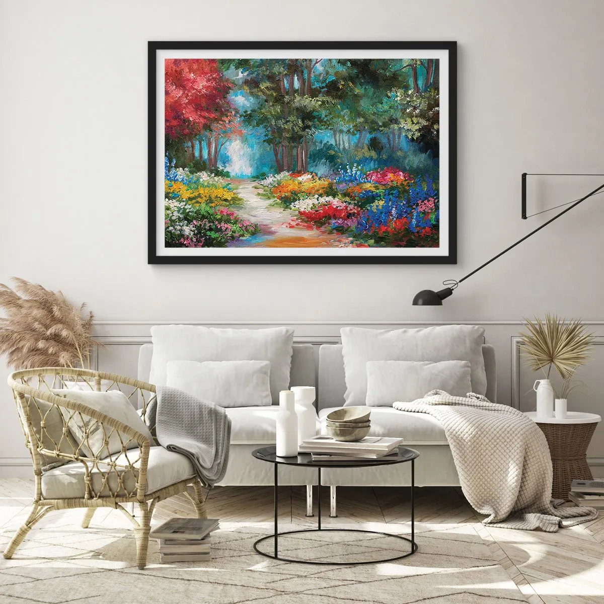 Poszter fehér keretben - Erdei kert, virágos erdő - 100x70 cm