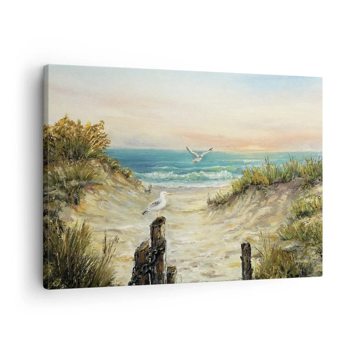 Vászonkép - Tengerpart sirályokkal és dűnékkel naplementekor - 70x50cm - Szélcsend - Modern fali dekoráció nappalihoz és hálószobához ARTTOR