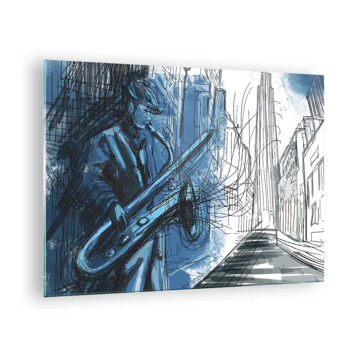 Üveg kép - Jazzszaxofonos kékes árnyalatú városi környezetben - 70x50cm - Városi rapszódia - Modern fali dekoráció nappalihoz és hálószobához ARTTOR