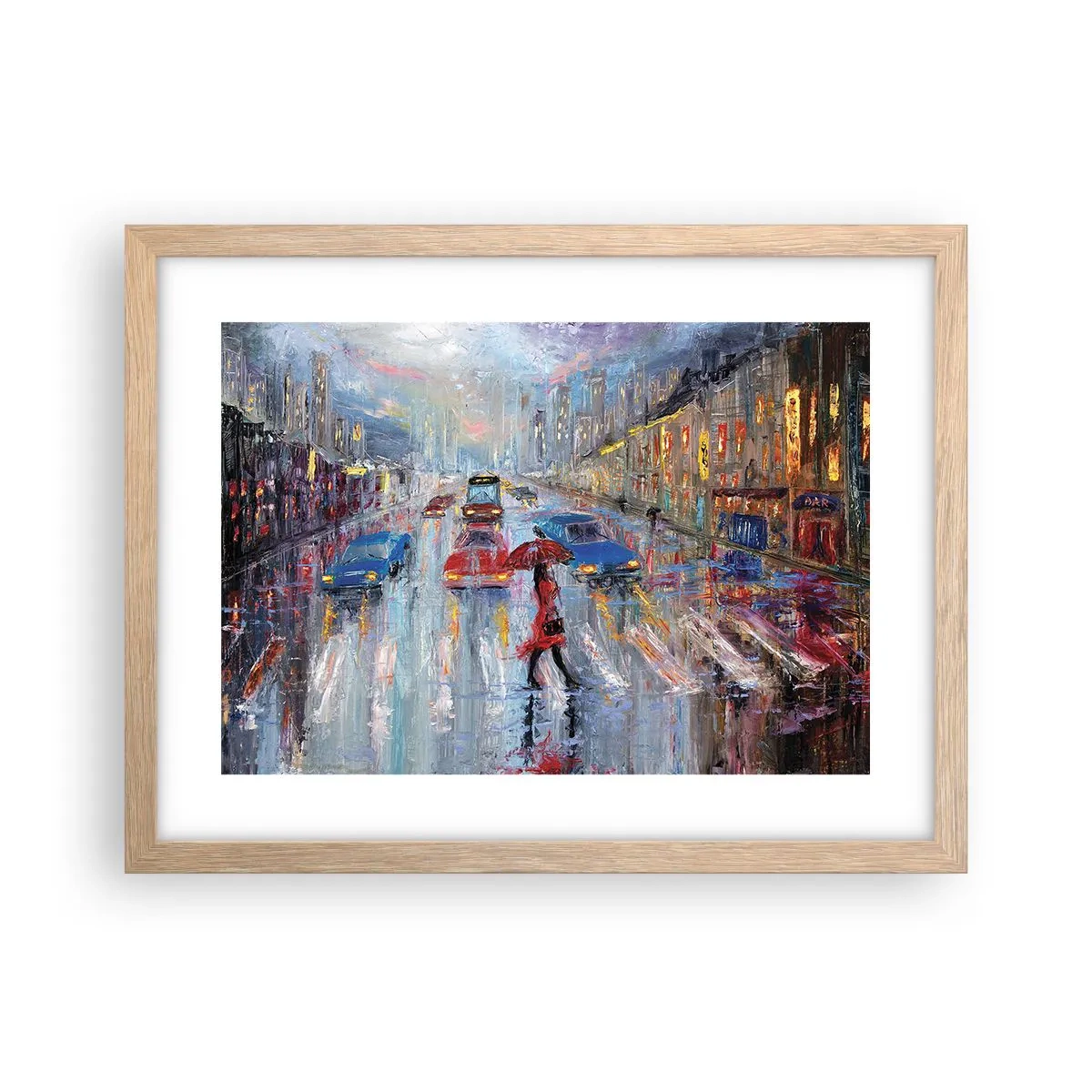Poszter világos tölgy keretben - Esős délután a városban - 40x30 cm