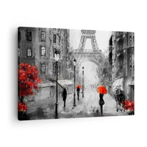 Vászonkép - Egy utca, ahonnan kilátás nyílik az Eiffel-toronyra és a piros napernyőkre - 70x50cm - Minden út hozzá vezet - Modern fali dekoráció nappalihoz és hálószobához ARTTOR