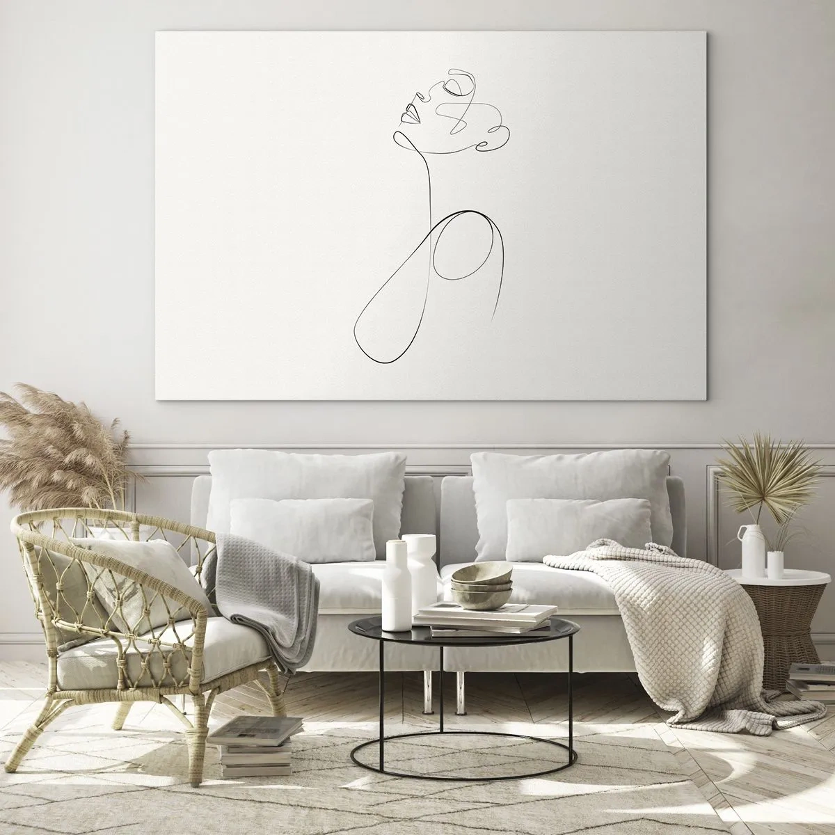 Üveg kép - Női arc és sziluett vonalas stílusban fehér alapon - 70x50cm - Álmokban hurkolt - Modern fali dekoráció nappalihoz és hálószobához ARTTOR