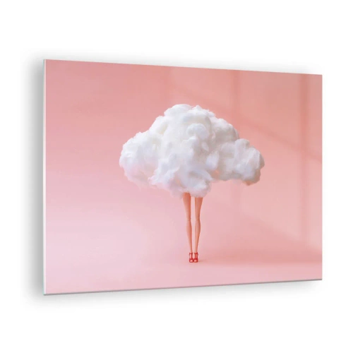 Üveg kép - Egy női alak, ruha helyett felhővel, pasztellrózsaszín háttér előtt. - 70x50cm - Édes ígéret - Modern fali dekoráció nappalihoz és hálószobához ARTTOR