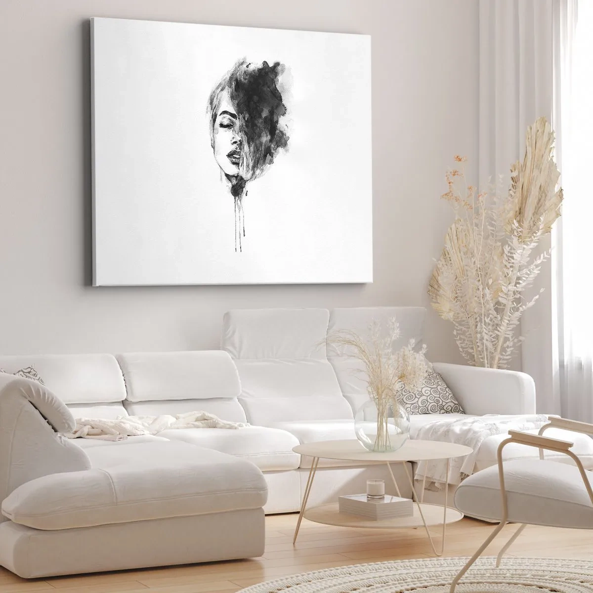 Vászonkép - Nő művészi portréja akvarell technikával, absztrakt részletekkel - 70x50cm - Miről álmodozik egy lány - Modern fali dekoráció nappalihoz és hálószobához ARTTOR