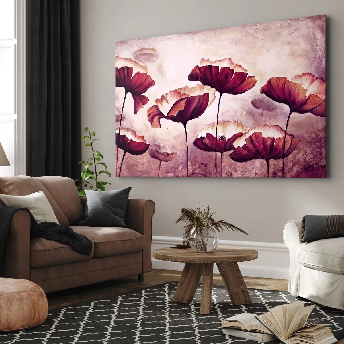 Vászonkép - Piros és fehér árnyalatú virágok finom háttéren - 70x50cm - Piros és fehér szirom - Modern fali dekoráció nappalihoz és hálószobához ARTTOR