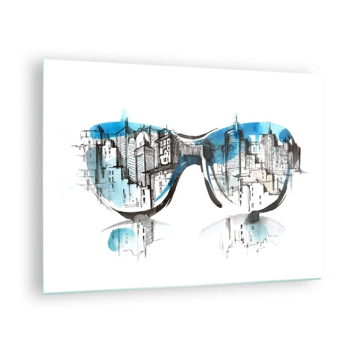 Üveg kép - város panorámája tükröződik napszemüvegben - 70x50cm - Nagyvárosi sikk - Modern fali dekoráció nappalihoz és hálószobához ARTTOR