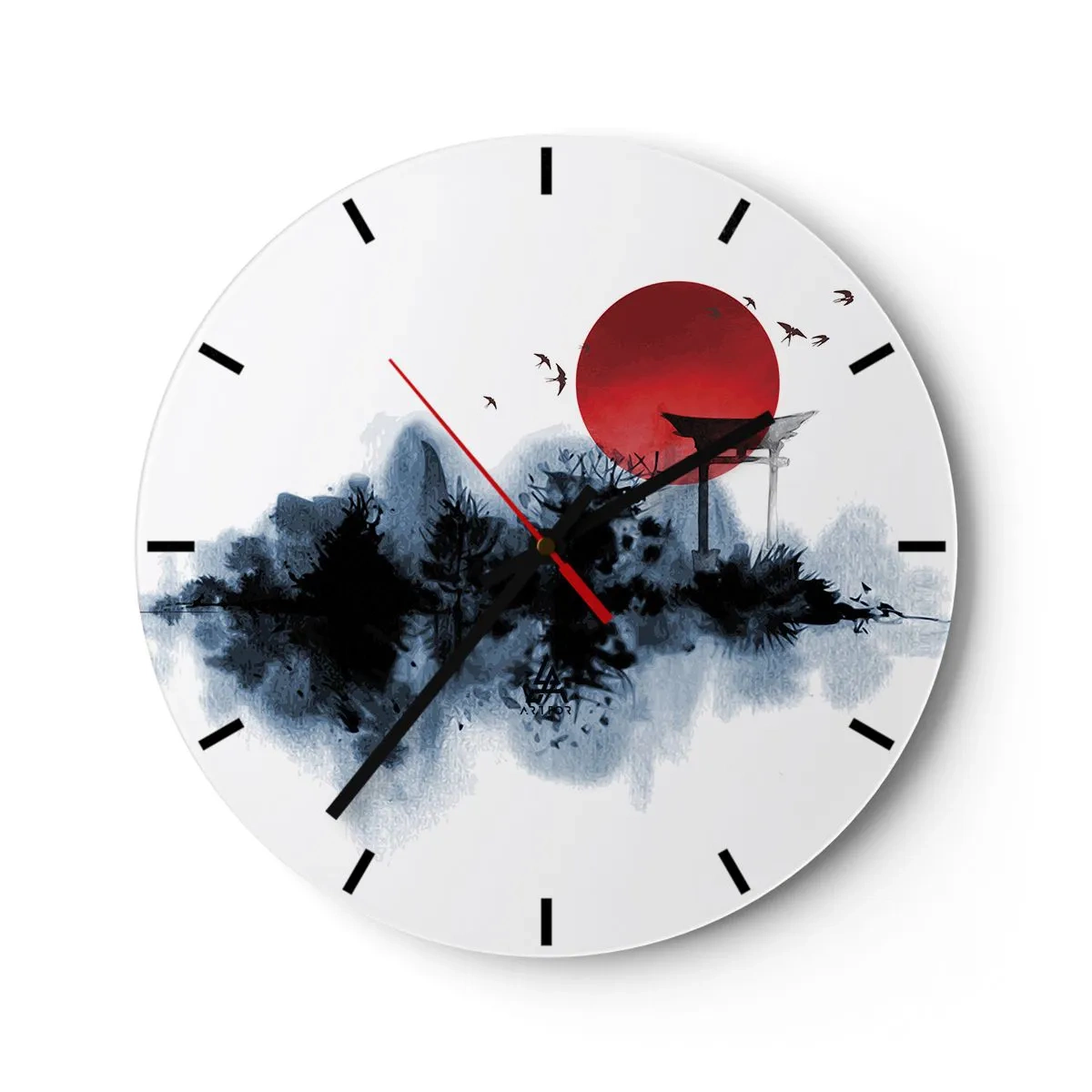Falióra, Óra - Egy vörös napgömb és egy japán stílusú torii kapu a víz felett - 30x30cm - Japán kilátás - Modern fali dekoráció nappalihoz, konyhához és hálószobához ARTTOR