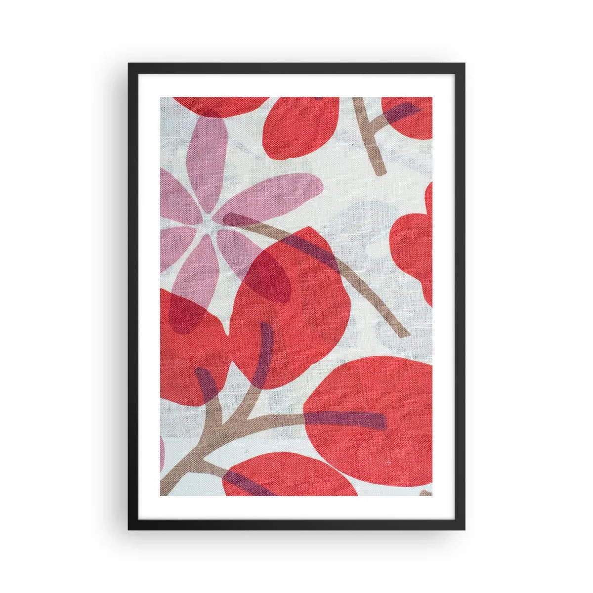 Poszter fehér keretben - levelek és virágok botanikai összetétele piros színben - 50x70cm - Virágkompozíció rózsaszínben - Modern fali dekoráció nappalihoz és hálószobához ARTTOR
