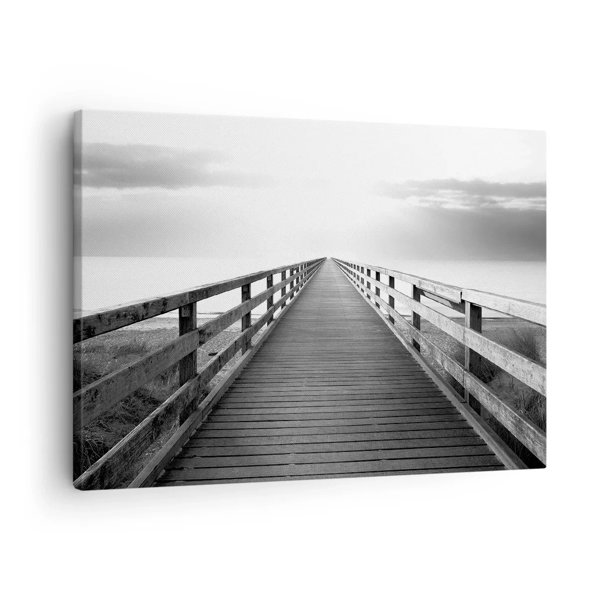 Vászonkép - Egy fekete-fehér kép egy fából készült mólóról, amely a horizont felé vezet. - 70x50cm - A messzeségbe... - Modern fali dekoráció nappalihoz és hálószobához ARTTOR