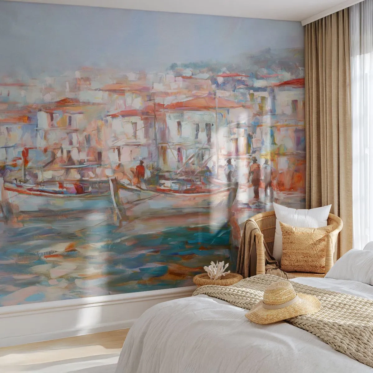 Fotótapéta Premium Sand - Pasztell vakáció - Kikötőváros, Építészet, Halászhajó - 100x70 cm
